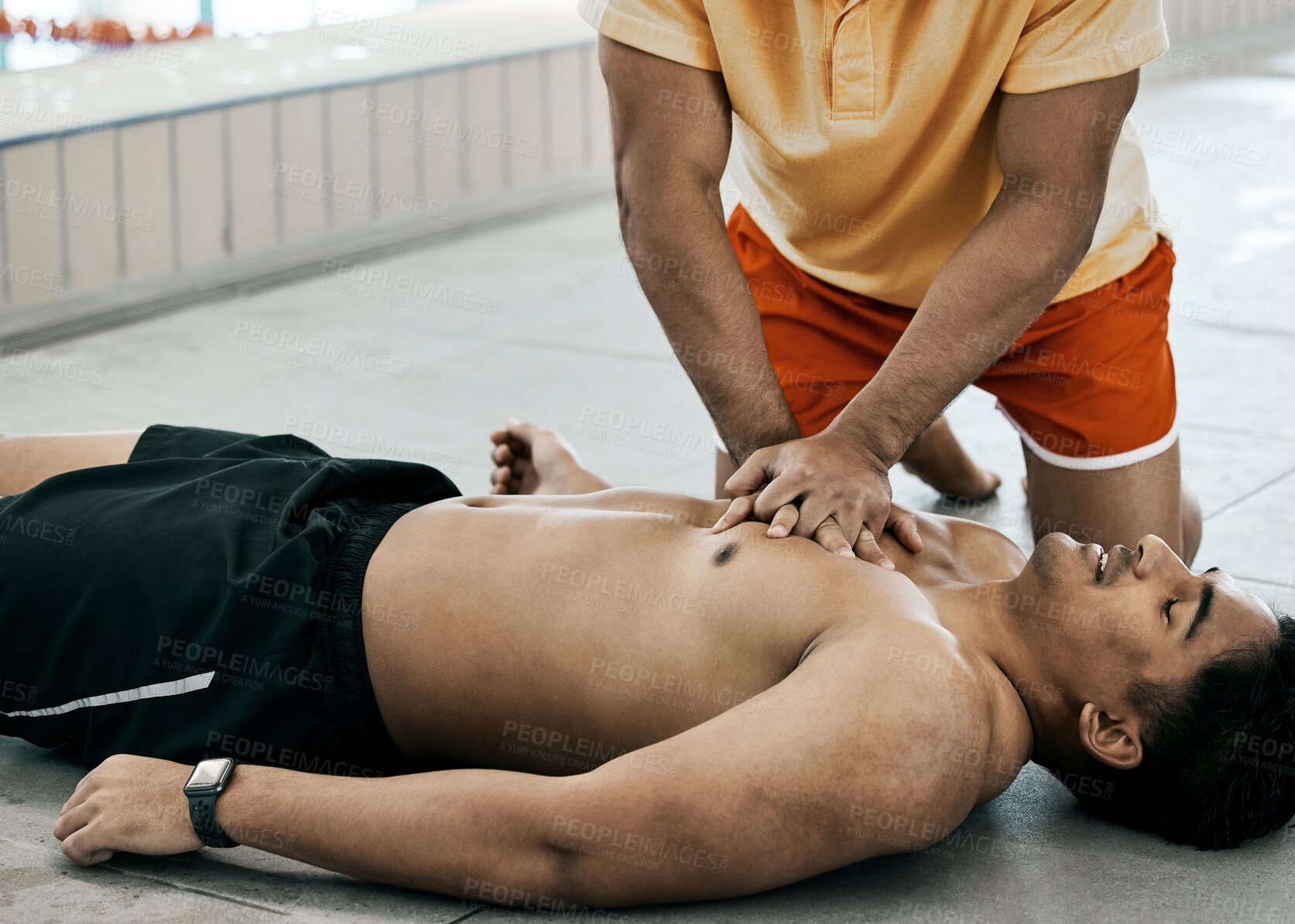 Buy stock photo Cpr, first aid and rescue with people at swimming pool for healthcare, emergency and safety. Paramedic, helping and medical with lifeguard saving man for breathing, danger and drowning accident