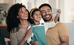 Happy family, home selfie and living room sofa with mom smile, love and child together with dad. Social media, profile picture and happy girl, mother and father with bonding and support on a couch