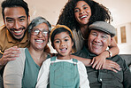 Parents, grandparents and portrait of a child on home sofa with a smile, support and security. Men, women and a kid together in Mexico house for generation love, care and comfort with family cover