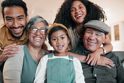 Buy stock photo Parents, grandparents and portrait of a child on home sofa with a smile, support and security. Men, women and a kid together in Mexico house for generation love, care and comfort with family cover