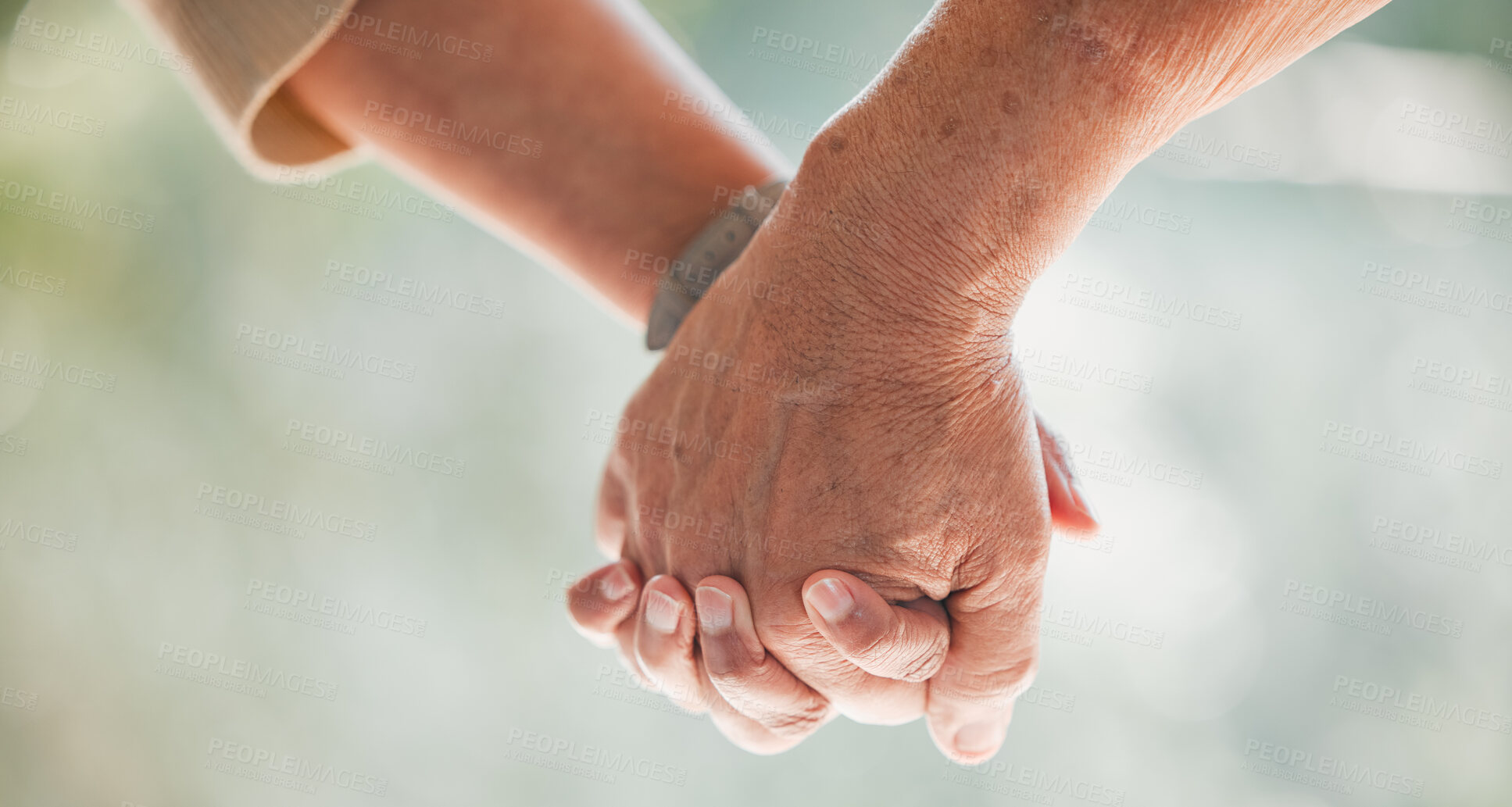 Buy stock photo Holding hands, support and senior couple with love, care and trust together with hope for health in a home. Romance, bonding and elderly people with kindness and solidarity on retirement date