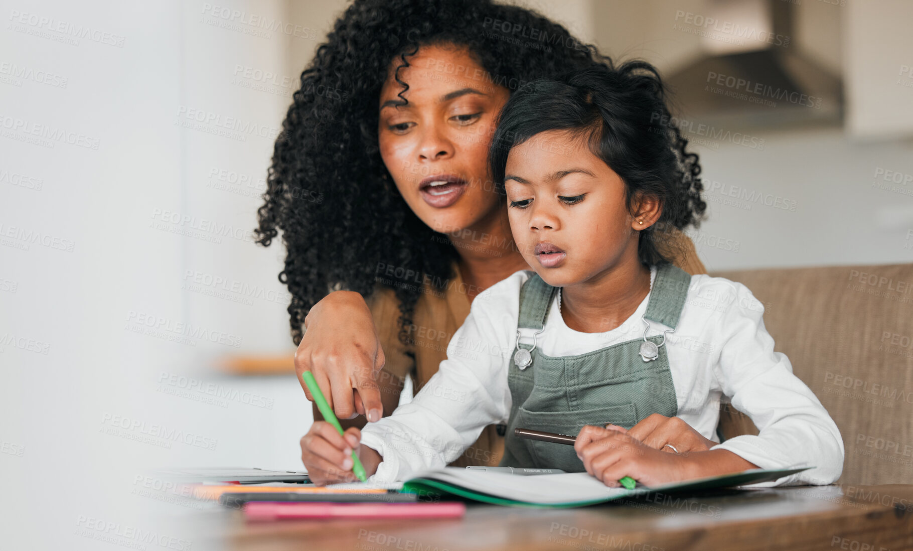 Buy stock photo Writing, home school and parent help child learning or study an assessment in education with laptop together. Development, online and mother teaching kid with knowledge for support in numbers project