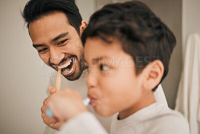 Buy stock photo Face of dad, boy and child brushing teeth for hygiene, morning routine or teaching healthy oral habits at home. Happy father, kid and dental cleaning in bathroom with toothbrush, fresh breath or care