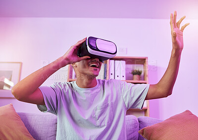 Buy stock photo Virtual reality, digital world and metaverse with man, home and user experience with gaming and online. VR, future technology and cyber space, multimedia and software with 3D and gamer in living room