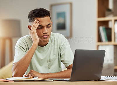 Buy stock photo Student, man and headache, laptop with stress about school and education with college, pain from studying and tech glitch. Error, fail or mistake with research, knowledge and migraine at home