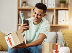 Ecommerce, unboxing and man with phone as social media influencer marketing service or mobile app delivery. Online, website and person purchase gift in box on internet and advertising in home