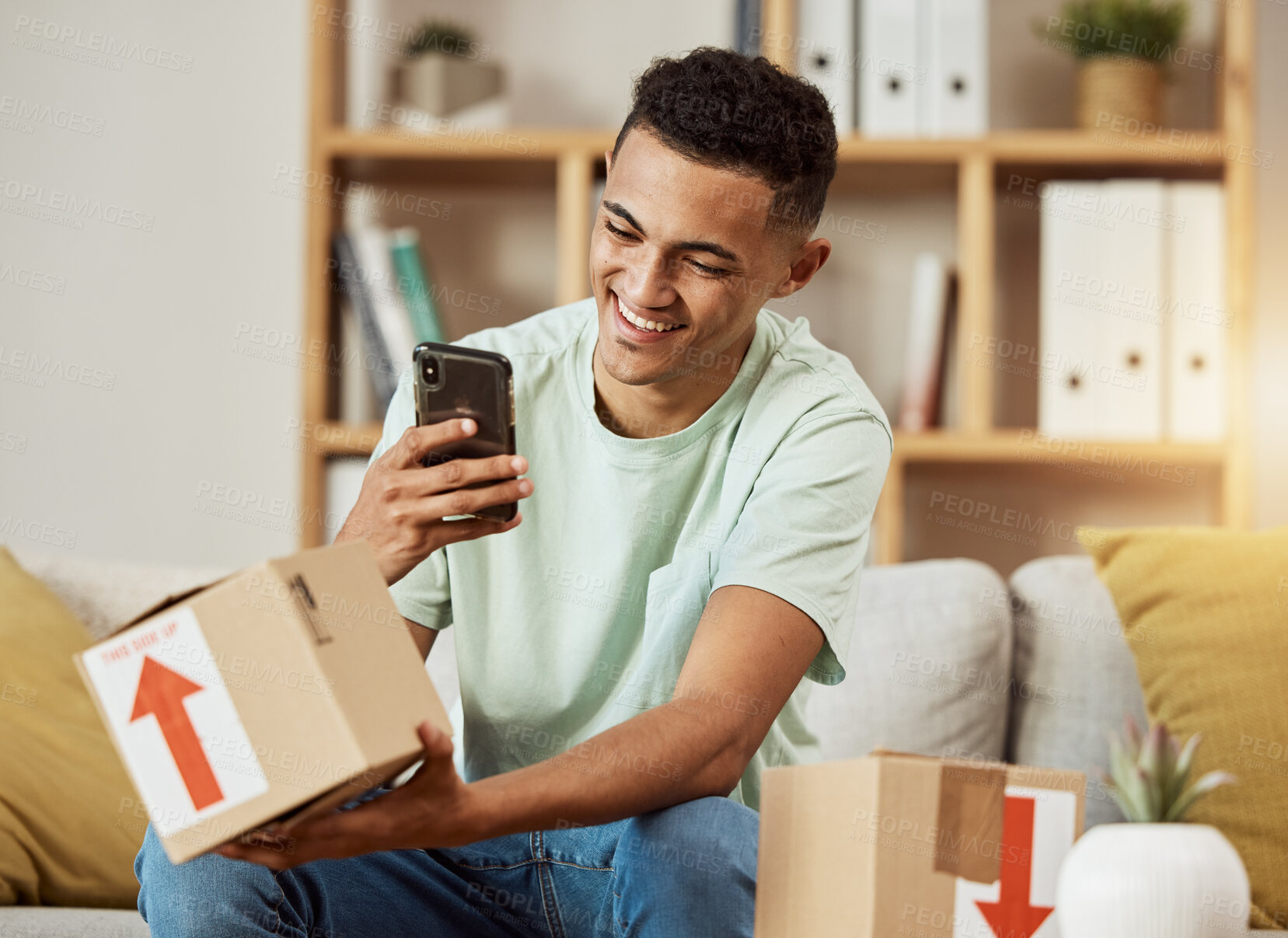 Buy stock photo Ecommerce, unboxing and man with phone as social media influencer marketing service or mobile app delivery. Online, website and person purchase gift in box on internet and advertising in home