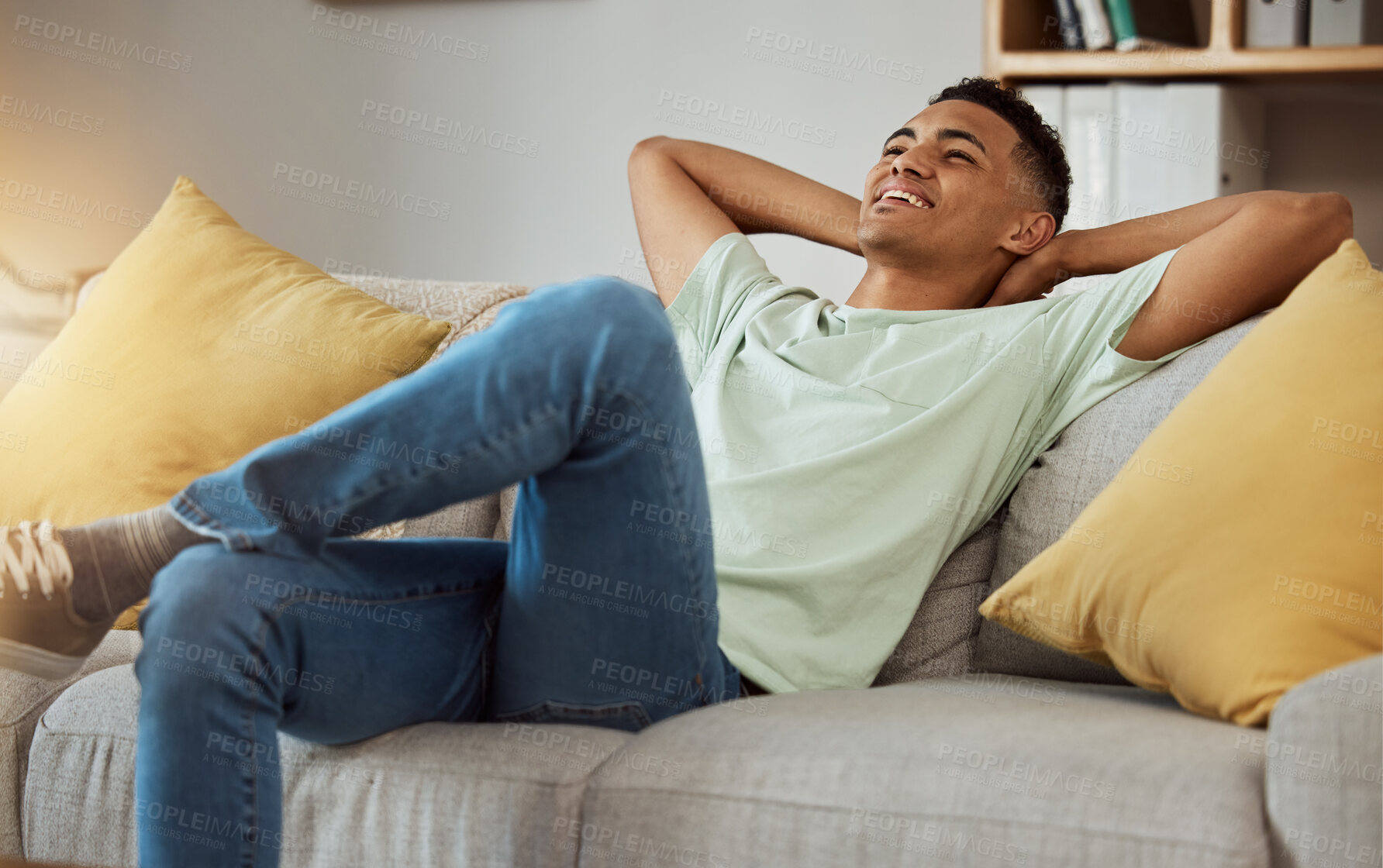 Buy stock photo Relax, calm and man in a sofa happy, chilling and enjoy weekend freedom at home. Resting, peace and male person in a living room with break, day off or weekend me time, smile and stress free in house