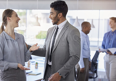 Buy stock photo Business people, conversation and staff with planning, teamwork and brainstorming in a workplace. Happy group, men and woman speaking, cooperation and smile with ideas, collaboration and partnership