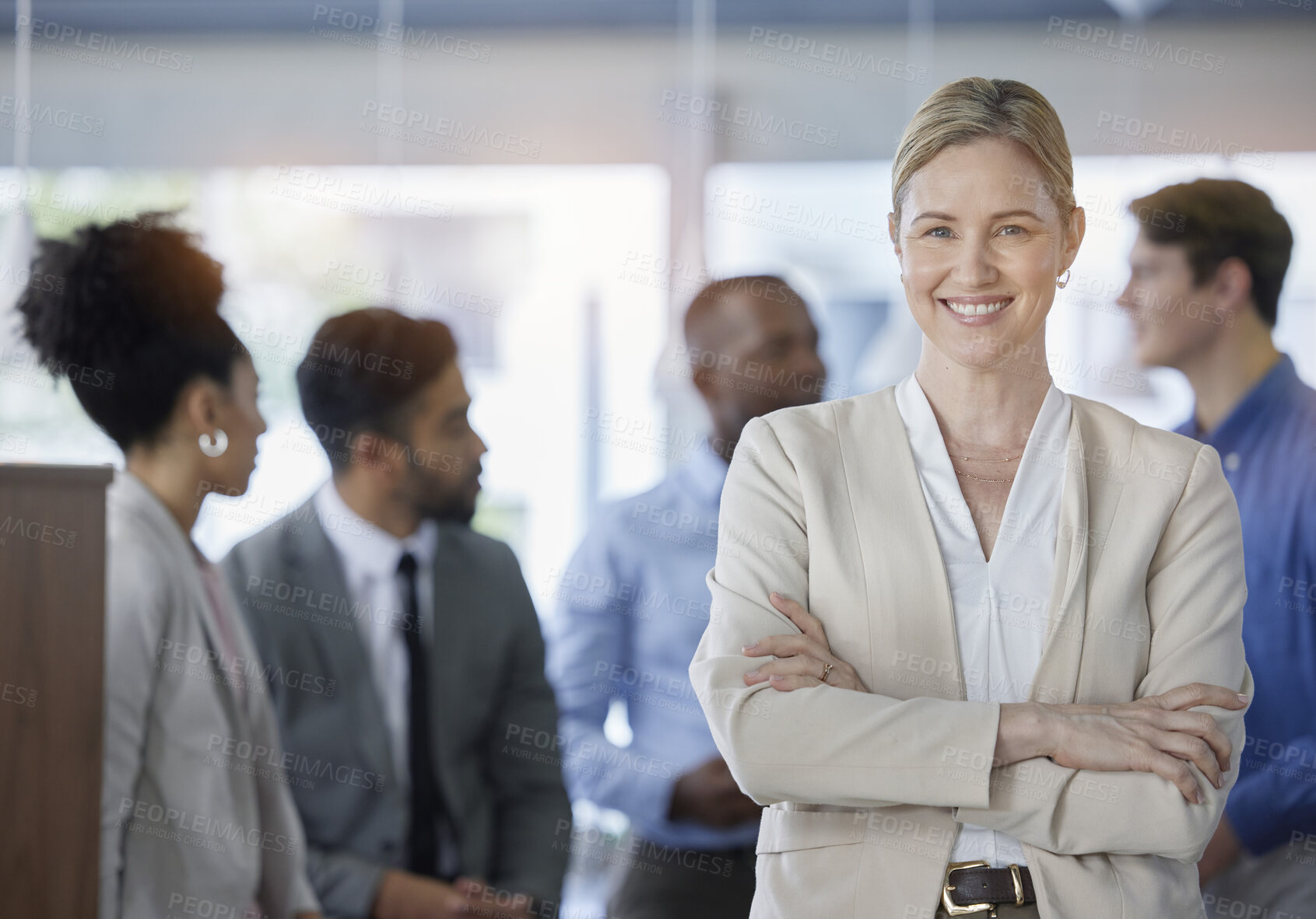 Buy stock photo Businesswoman, portrait and hands crossed for leadership and teamwork in office building with collaboration. Business, people and professional employee in human resources and corporate startup smile
