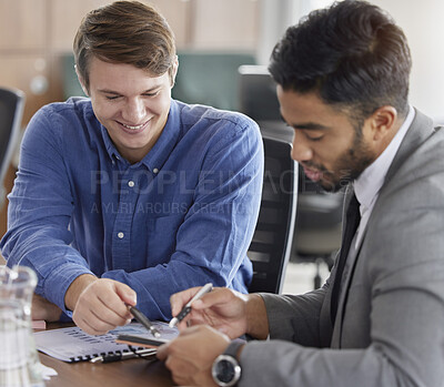 Buy stock photo Planning, consulting and teamwork with business people in meeting for data, strategy or analysis. Collaboration, brainstorming and documents with employees in office for research, feedback and report