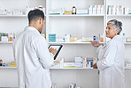 Pharmacy team, tablet and people collaboration on retail product, package shelf or medical inventory. Communication, inspection and pharmacist check pharmaceutical supplements, medicine or stock