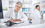 Writing, pharmacy and checklist with woman in store for prescription, planning and medical information. Medicine, healthcare and report with senior person for research, documents and insurance