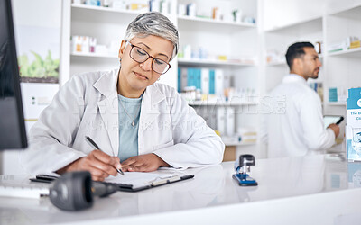 Buy stock photo Writing, pharmacy and checklist with woman in store for prescription, planning and medical information. Medicine, healthcare and report with senior person for research, documents and insurance