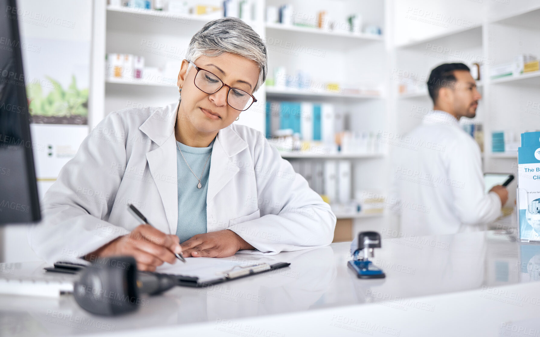 Buy stock photo Writing, pharmacy and checklist with woman in store for prescription, planning and medical information. Medicine, healthcare and report with senior person for research, documents and insurance