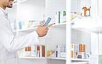 Medicine box, pharmacy hands and person search retail product, package shelf or medical stock. Healthcare, drugs and pharmacist check pharmaceutical supplements, medicine or reading pills info