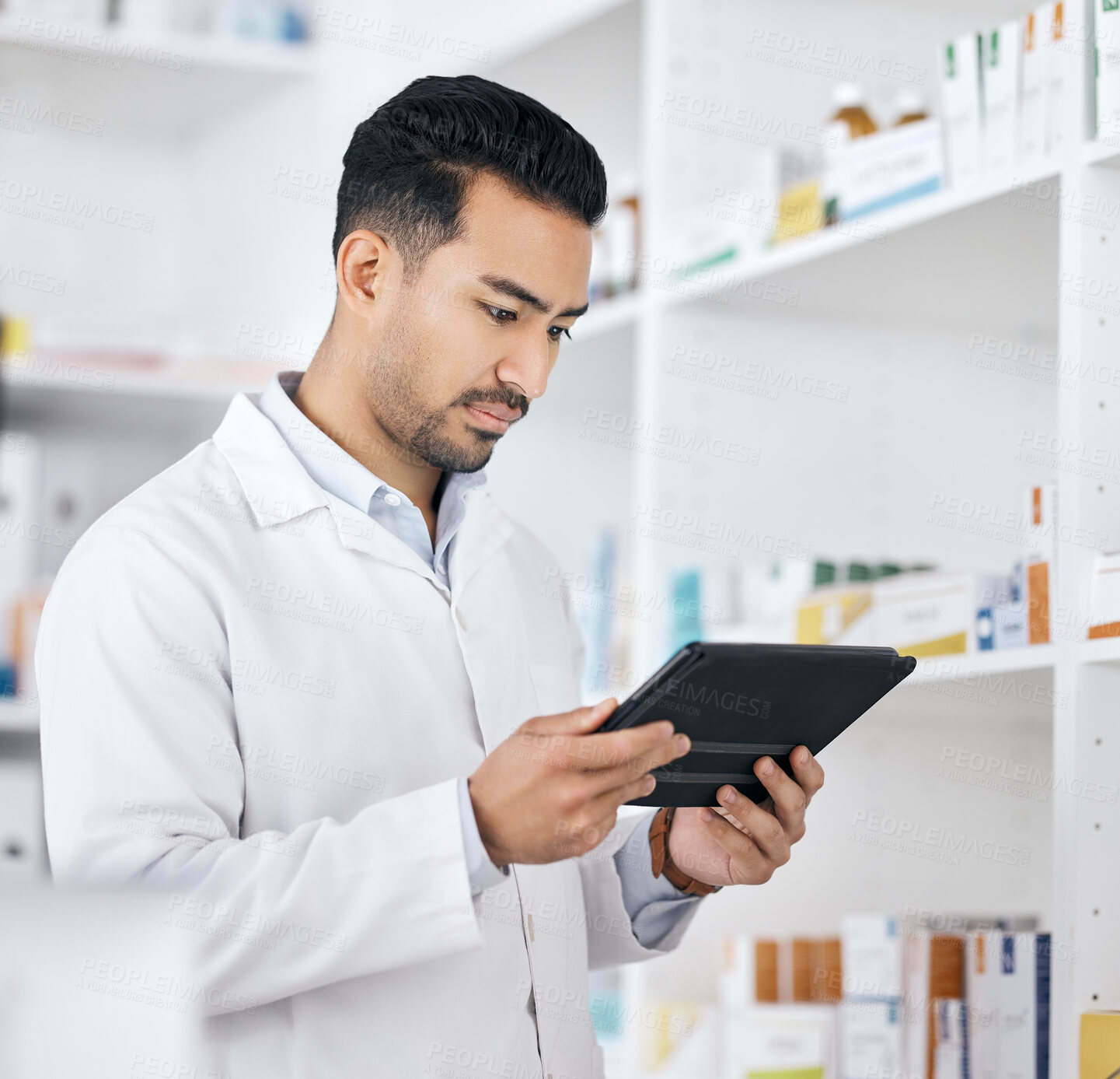 Buy stock photo Man in pharmacy with tablet, checklist and research for medicine with online web info. Pharmacist, digital app and inventory search on internet with check for pharmaceutical drugs, tech or healthcare