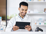 Happy man in pharmacy with tablet, checklist and website for medicine with online info. Pharmacist, digital app and inventory stock research with check for pharmaceutical drugs, tech or healthcare.