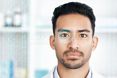 Buy stock photo Face, eye and man with hologram, futuristic and network with technology, cyber security and facial scan. Portrait, person and employee with ai for retina, future and holographic with analytics or app