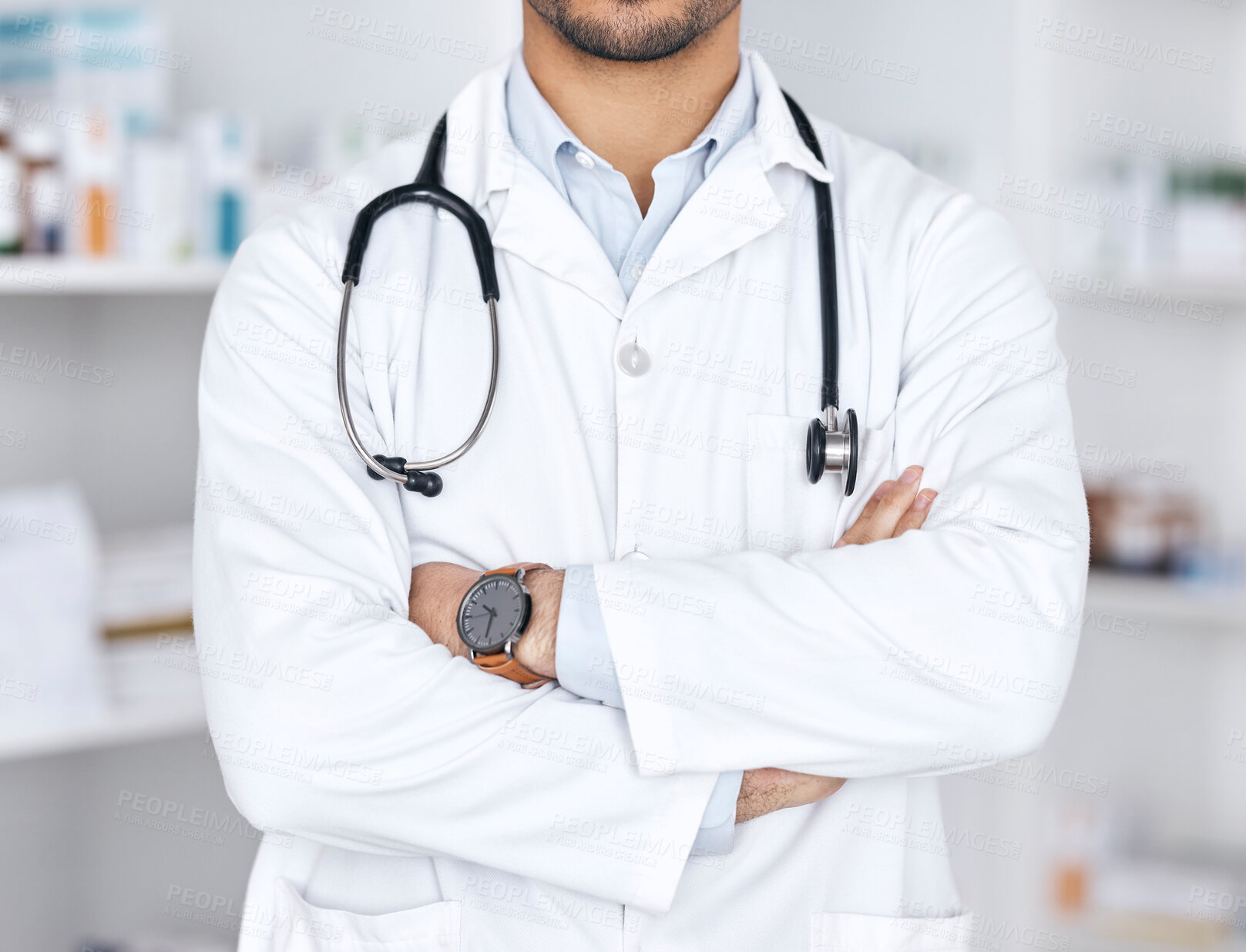 Buy stock photo Healthcare pharmacy, arms crossed and person confident in retail service, hospital clinic and medical support. Wellness, medicine expert and pharmacist for pharmaceutical, supplements and doctor