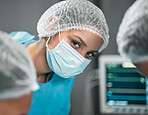 Portrait, healthcare and a woman surgeon in an operation at the hospital for emergency care closeup. Medical, face and mask for safety with a confident young doctor in a medicine clinic for surgery