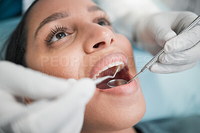 Buy stock photo Woman, teeth and mouth at dentist with tools for dental cosmetics, healthcare assessment and medical consulting. Face, patient and check tooth with oral mirror, excavator and orthodontic inspection 