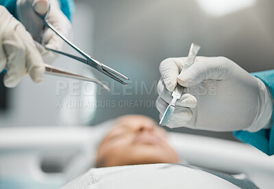 Buy stock photo Health care, hands on tools and doctors in surgery with equipment, teamwork and support in hospital. Nurse helping medical surgeon, safety and patient in bed for operation, emergency procedure in ER.