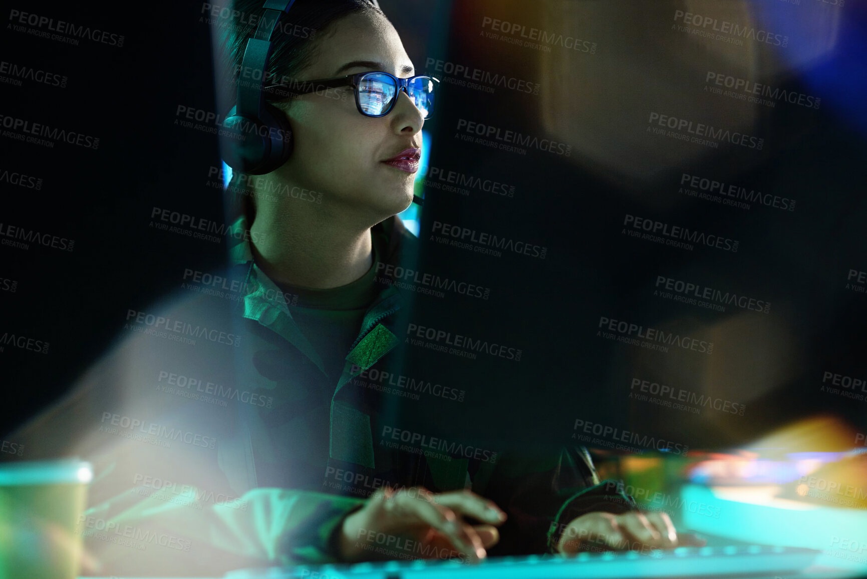 Buy stock photo Military command center, headset and woman at computer, analysis and technology for cyber intelligence. Security, surveillance and soldier in communication in army office at government control room.