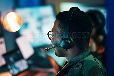 Buy stock photo Military control room, computer and man and surveillance from back, tech and communication at desk. Security, global and soldier in army office at government cyber intelligence command center.