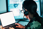 Military command center, computer screen and woman in mockup, headset and tech communication from back. Security, surveillance and soldier with blank monitor in army office at government control room