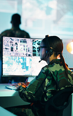 Buy stock photo Military control room, computer screen and woman in surveillance, headset and tech for communication. Security, global digital map and soldier at monitor in army office at government command center.