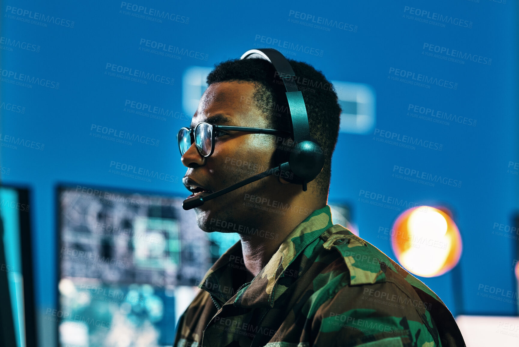 Buy stock photo Military, call center and man on computer in office, data center and monitor for technical support, cybersecurity or surveillance. Army, officer and work in tech, security or government communication