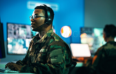 Buy stock photo Army, control room and man on computer in office, data center and monitor for technical support, cybersecurity or surveillance. Military, officer or work in tech, security or government communication