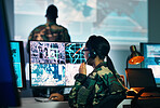 Military command center, computer screen and woman in surveillance, headset and tech for communication. Security, world satellite map and soldier at monitor in army office at government control room.