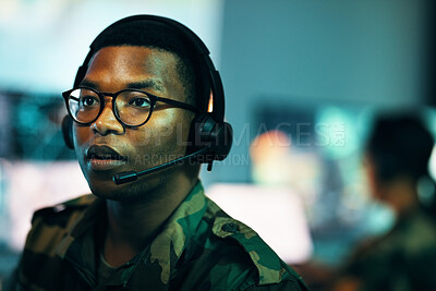 Buy stock photo Call center, man and face with microphone and glasses for information technology, big data or intelligence agency. Cyber security, person and focus for communication, analysis and support to army
