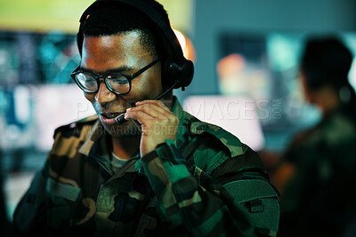 Buy stock photo Control room man, surveillance and military communication, army risk dispatch or security telecom advice. Headset, 911 emergency consultation and African soldier consulting on intel support service