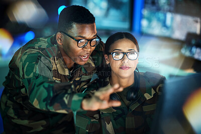 Buy stock photo Night surveillance, army and people with a computer for communication, planning strategy or teamwork. Cyber security, data center and a black man talking to a woman about monitor in a military room