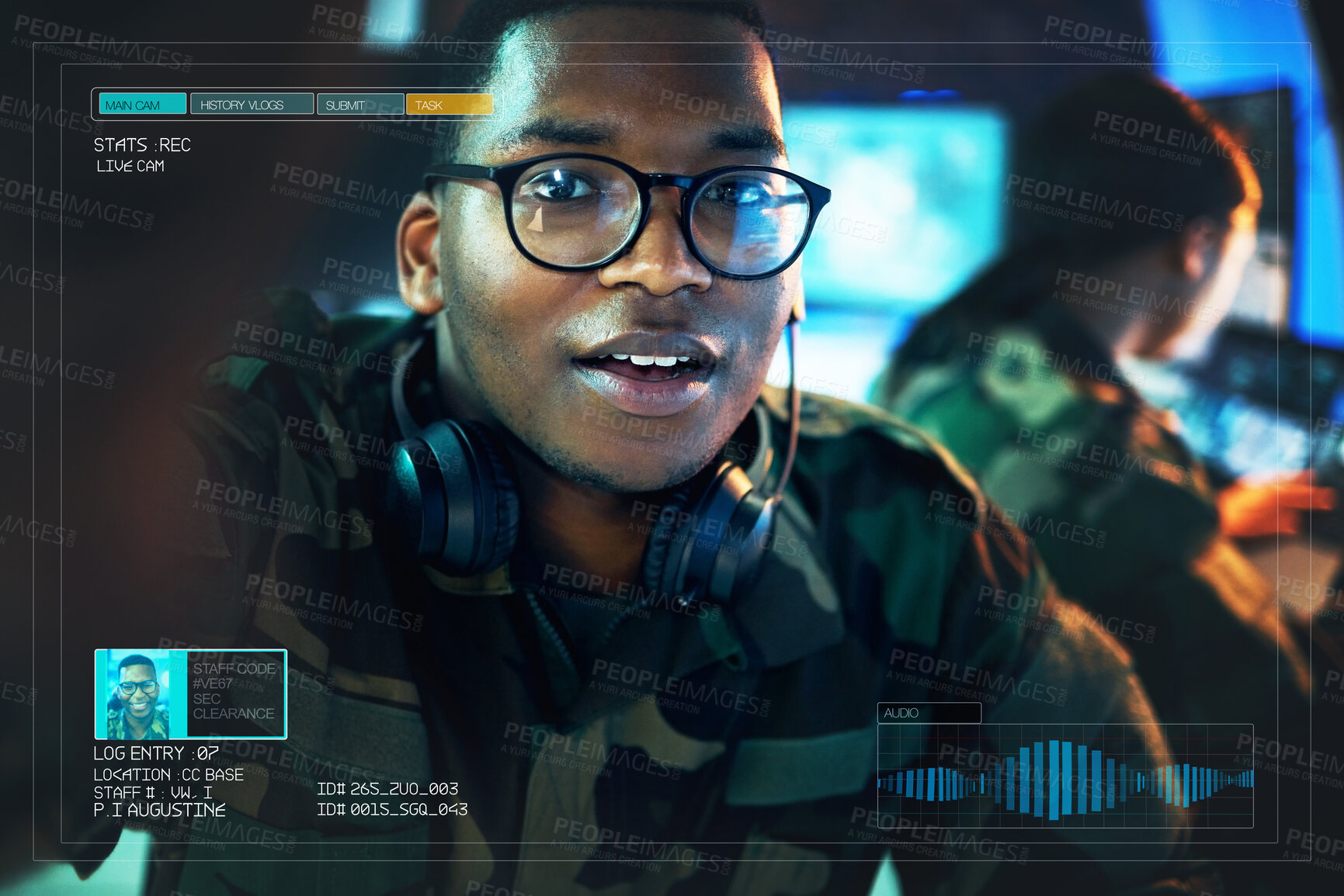 Buy stock photo Record, military and portrait of black man on camera for surveillance, tracking operation and army. Control room, government and soldier on live streaming overlay online for duty, service and report