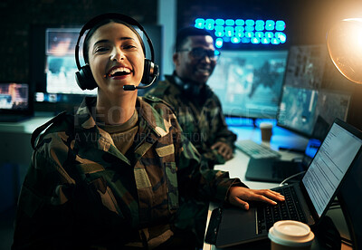 Buy stock photo Army control room, computer and woman in smile, headset and tech communication. Security, global surveillance and portrait of soldier laughing at desk in military office at government command center.