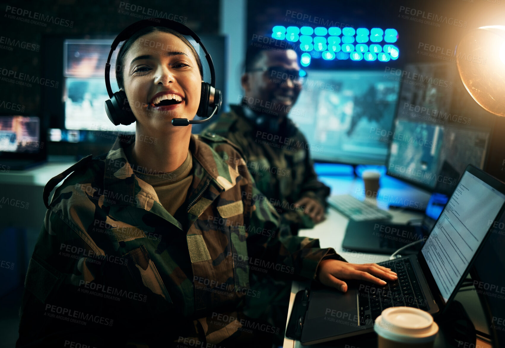 Buy stock photo Army control room, computer and woman in smile, headset and tech communication. Security, global surveillance and portrait of soldier laughing at desk in military office at government command center.