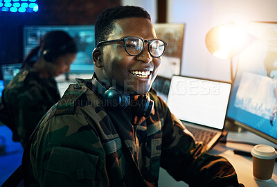 Buy stock photo Military control room, computer and soldier in portrait, headset and tech for communication. Security, global surveillance and black man with blank monitor in army office at government command center