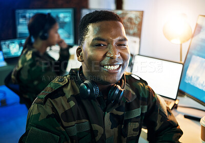 Buy stock photo Military control room, surveillance and portrait of man with smile, headset and tech for communication. Security, computer and soldier with blank monitor in army office at government command center.