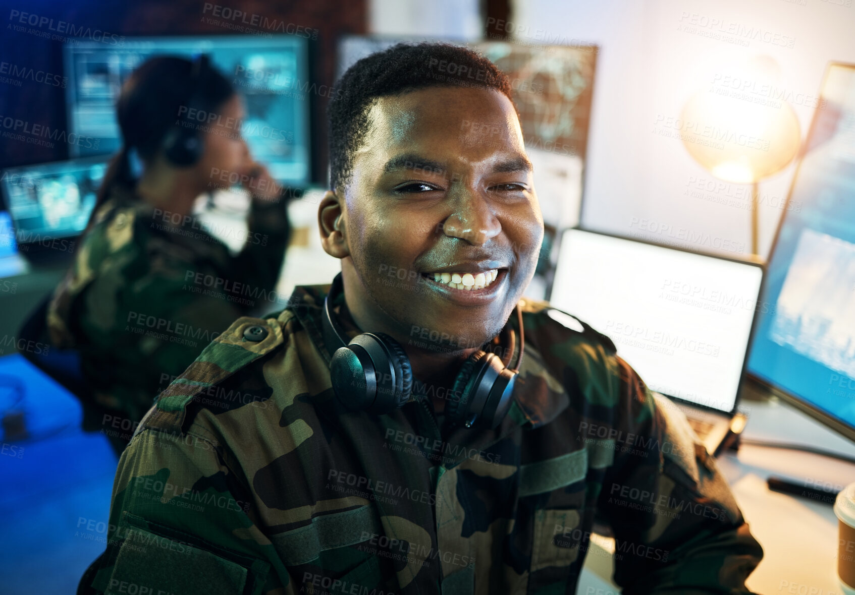 Buy stock photo Military control room, surveillance and portrait of man with smile, headset and tech for communication. Security, computer and soldier with blank monitor in army office at government command center.