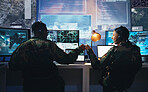 Control room, military and fist bump by soldier team on surveillance together at night for communication. Technology, global and teamwork by security with success on satellite map in army office