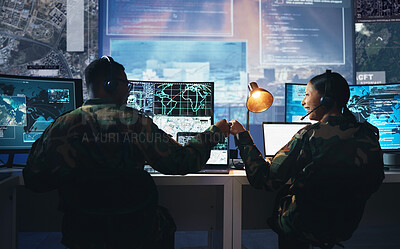 Buy stock photo Control room, military and fist bump by soldier team on surveillance together at night for communication. Technology, global and teamwork by security with success on satellite map in army office