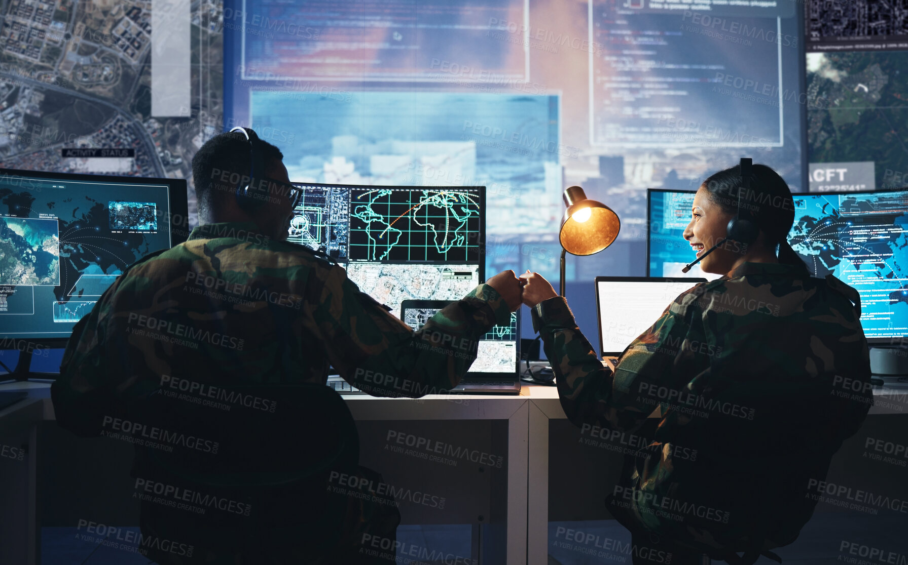 Buy stock photo Control room, military and fist bump by soldier team on surveillance together at night for communication. Technology, global and teamwork by security with success on satellite map in army office