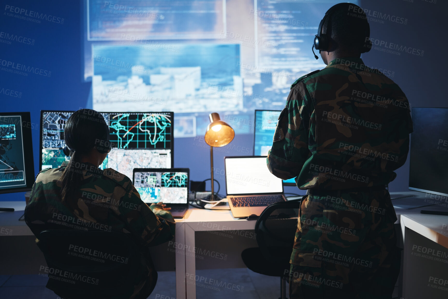 Buy stock photo Control room, military and people on computer for surveillance, tracking operation and national security. Army, government and soldiers online for cybersecurity, communication network and monitoring