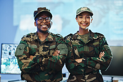 Buy stock photo Control room, military and portrait of people for surveillance, tracking operation and national security. Army, government and happy soldiers for cybersecurity, professional service and crossed arms