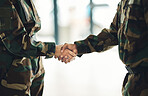 Mission, army or shaking hands for partnership, teamwork or deal in war, agreement or unity together. People, soldiers or handshake for team fight, thank you or gratitude in solidarity or military