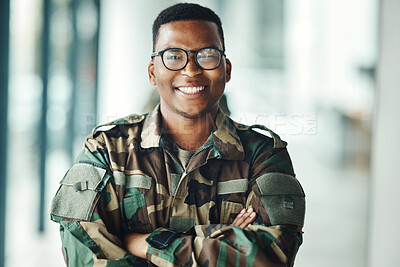 Buy stock photo Portrait of soldier with smile, confidence and pride at army building, arms crossed and happy professional. Military career, security and courage, black man in camouflage uniform at government agency